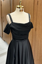 Gorgeous Black Floor-Length Off-The-Shoulder Spaghetti Straps A-Line Satin Prom Dresses