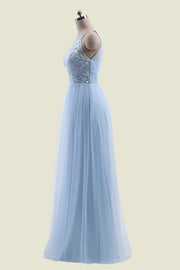 Sky Blue Jewel Neck A-Line Floor-Length Tulle Bridesmaid Dresses