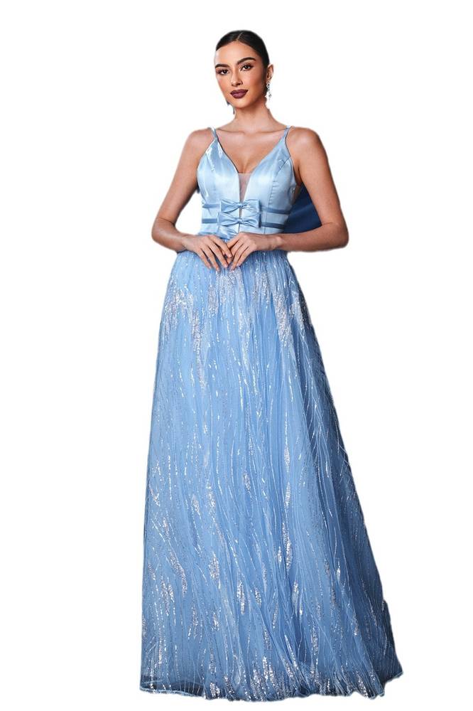 Blue Floor-Length A-Line Sequin V-Neck Evening Dresses with Bow