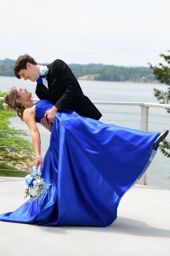 Royal Blue A-Line Satin Criss Cross Straps Prom Dresses with Appliques