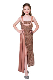 Tea-Length Sequined Teen Girl Prom Dresses with Slit