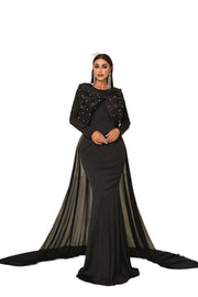 Black Beaded Long Sleeves Mermaid Satin Evening Dresses with Bow