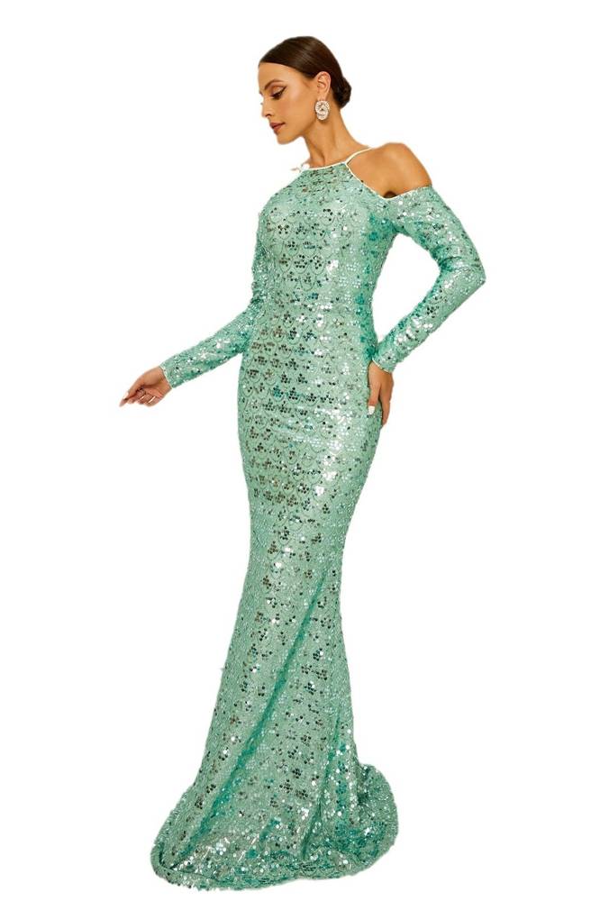 Sequined Long Sleeves Mermaid Evening Prom Dresses with Spaghetti Straps