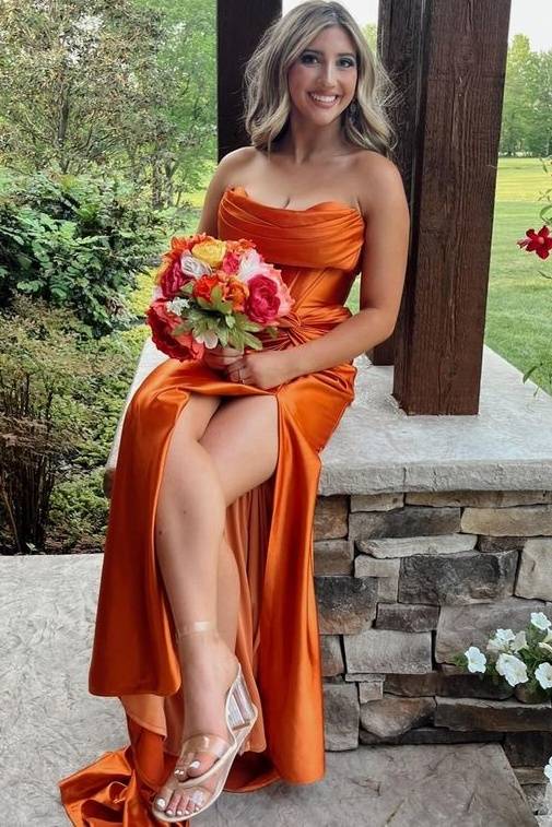 Orange Strapless Split Front Mermaid Satin Formal Dresses with Court Train