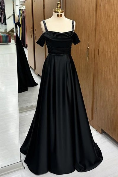 Gorgeous Black Floor-Length Off-The-Shoulder Spaghetti Straps A-Line Satin Prom Dresses