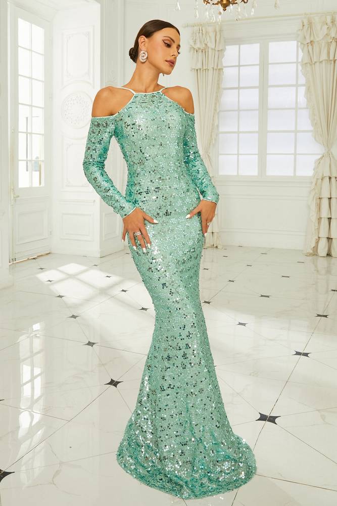 Sequined Long Sleeves Mermaid Evening Prom Dresses with Spaghetti Straps