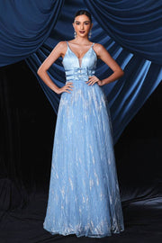 Blue Floor-Length A-Line Sequin V-Neck Evening Dresses with Bow