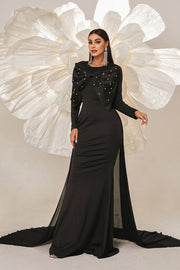 Black Beaded Long Sleeves Mermaid Satin Evening Dresses with Bow