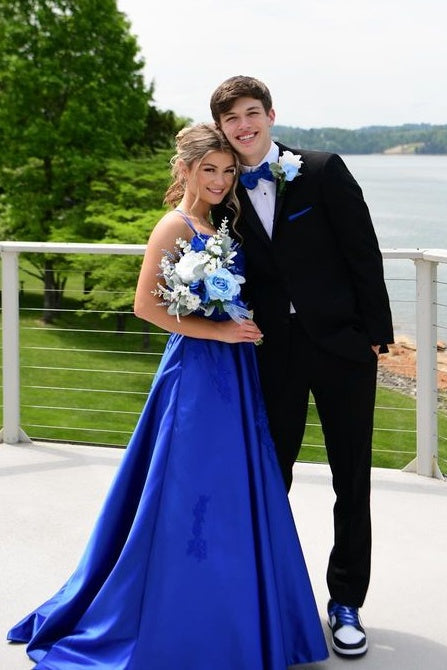 Royal Blue A-Line Satin Criss Cross Straps Prom Dresses with Appliques