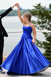 Royal Blue A-Line Satin Criss Cross Straps Prom Dresses with Appliques