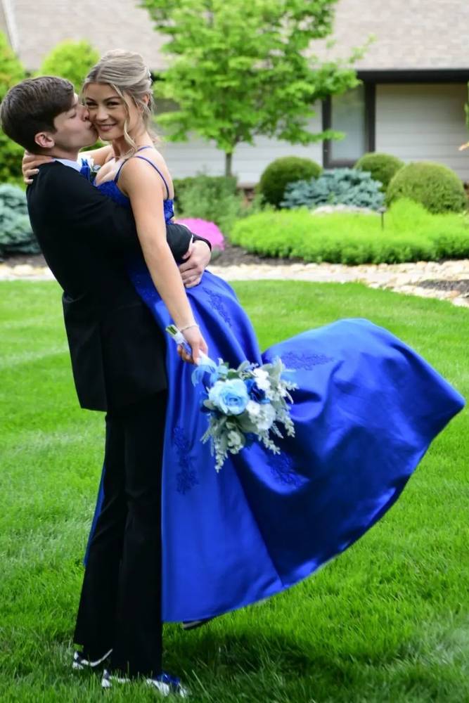 Royal Blue A-Line Satin Criss Cross Straps Prom Dresses with Appliques