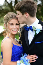 Royal Blue A-Line Satin Criss Cross Straps Prom Dresses with Appliques