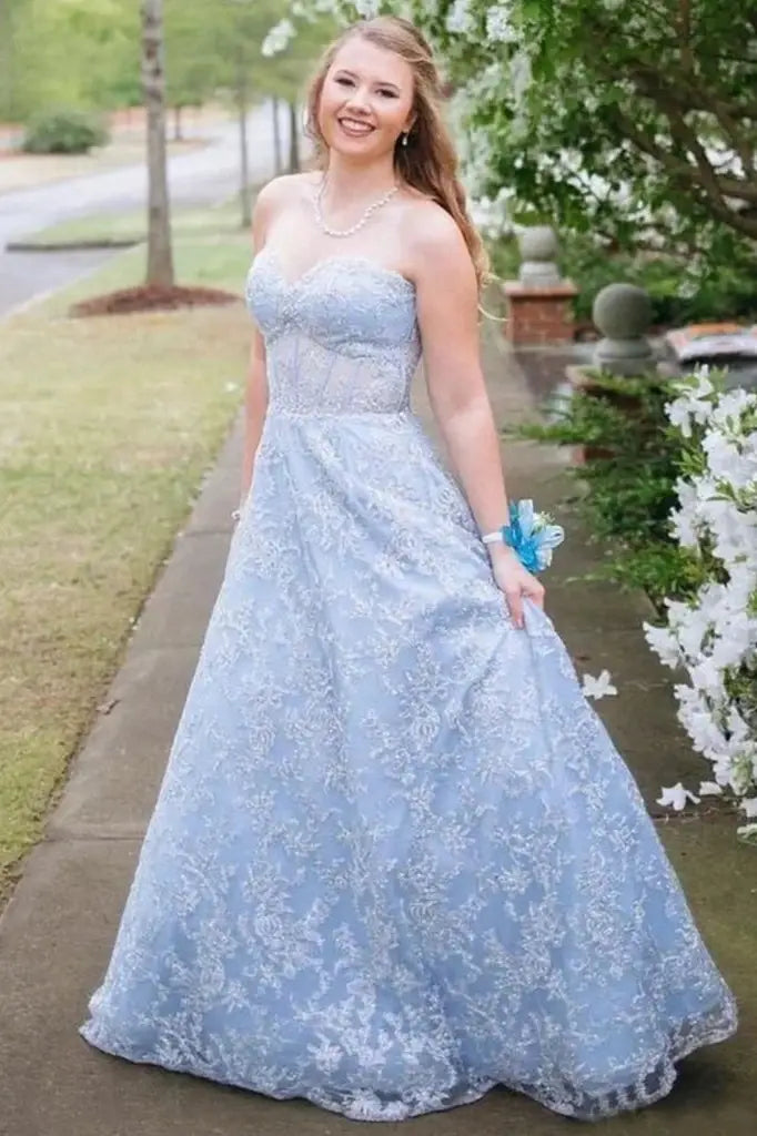 Sky Blue Sweetheart Floor-Length A-Line Lace Formal Party Dresses