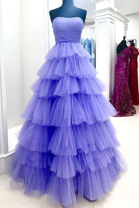 Lavender Strapless A Line Tiered Ruffles Tulle Long Prom Dress Front Side