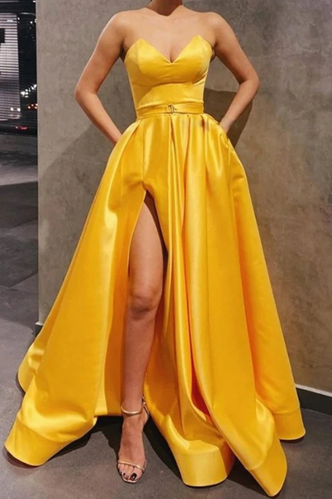 Yellow Floor-Length V-Neck A-Line Satin Formal Prom Dresses with Slit