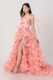 Tiered Floral Print A-Line V-Neck Long Tulle Prom Dresses with Slit