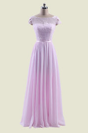 Pink Bateau Neck A-Line Floor-Length Cap Sleeves Chiffon Bridesmaid Dresses with Sash