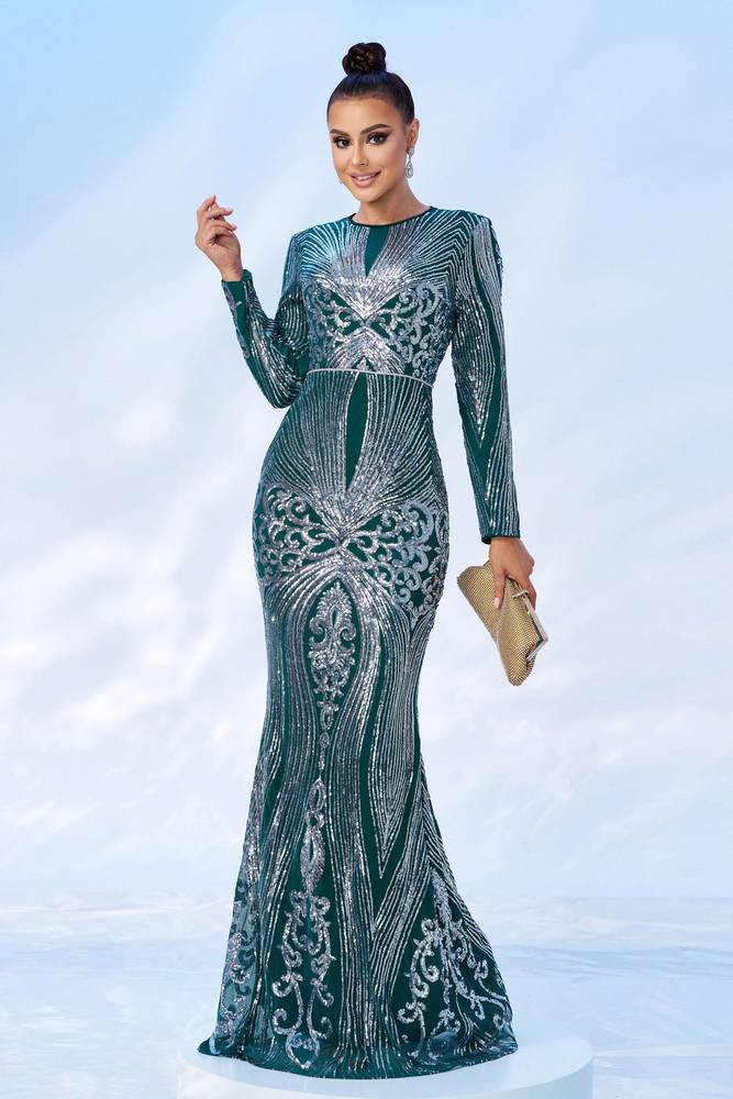 Floor-Length Crew Neck Mermaid Evening Dresses with Long Sleeves