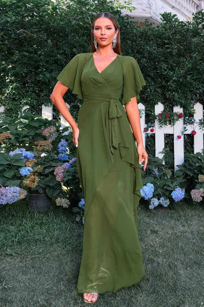Green V-Neck A-Line Chiffon Evening Dresses with Short Sleeves