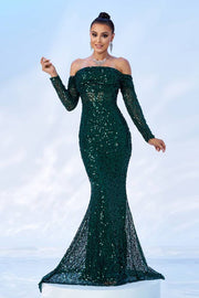 Dark Green Sequined Mermaid Long Sleeves Evening Dresses Off-The-Shoulder