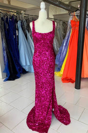 Fuchsia Sequined Square Neck Mermaid Long Prom Dresses with Slit