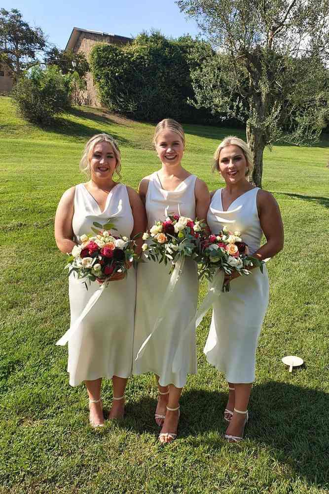 White Cowl Neck Sleeveless Tea-Length Satin Bridesmaid Dresses