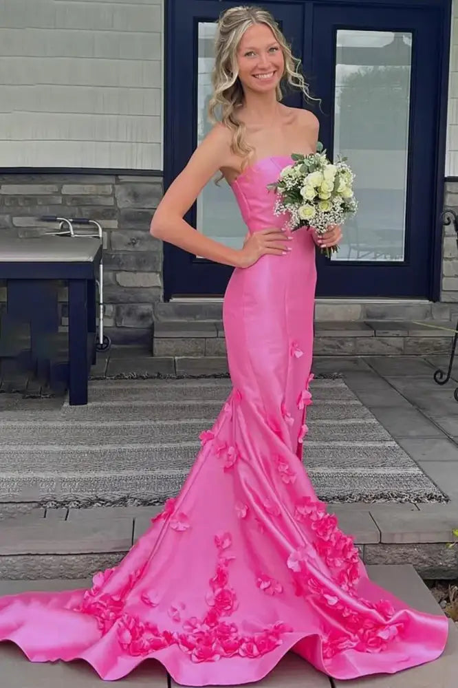 Strapless Mermaid Satin Party Evening Dresses with Handmade Flowers