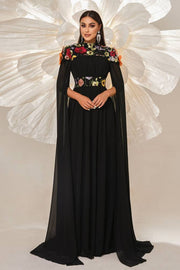 Black High Neck A-Line Chiffon Evening Dresses with Flowers