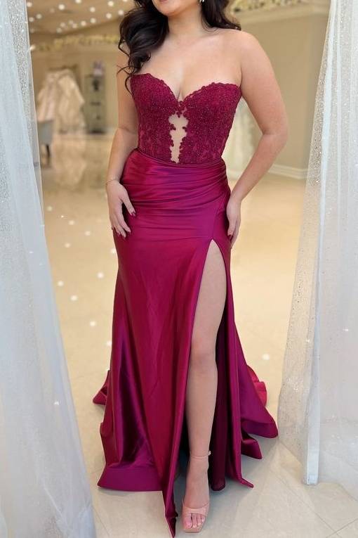 Burgundy Trendy V-Neck Strapless Long Mermaid Satin Prom Dresses with Slit