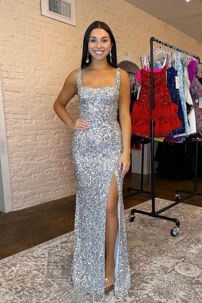 Silver Sequined Square Neck Mermaid Long Prom Dresses with Slit