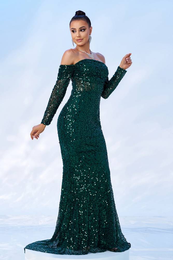 Dark Green Sequined Mermaid Long Sleeves Evening Dresses Off-The-Shoulder