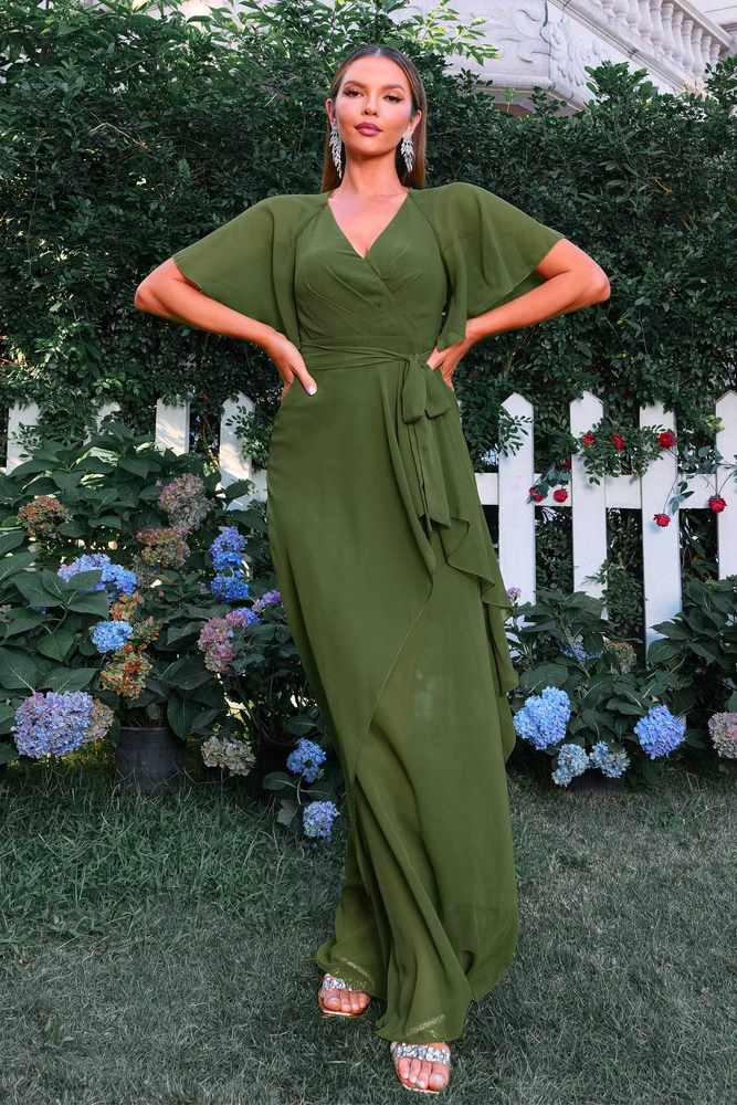 Green V-Neck A-Line Chiffon Evening Dresses with Short Sleeves