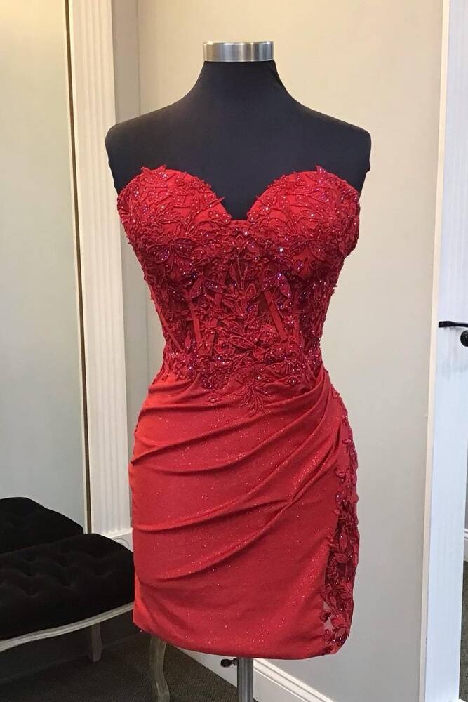 Trendy Sweetheart Strapless Red Short Mermaid Satin Homecoming Dress with Ruffles