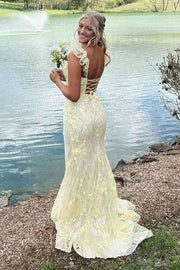 Daffodil Backless Sleeveless Sequined Mermaid Prom Dresses