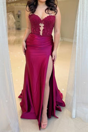 Burgundy Trendy V-Neck Strapless Long Mermaid Satin Prom Dresses with Slit