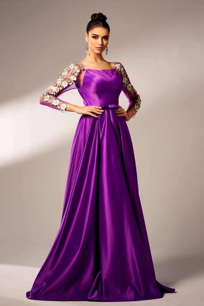 Square Neck Long Sleeves A-Line Satin Prom Dresses with Appliques