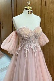 Fashionable Off-The-Shoulder Sweetheart A-Line Tulle Prom Dresses with Appliques