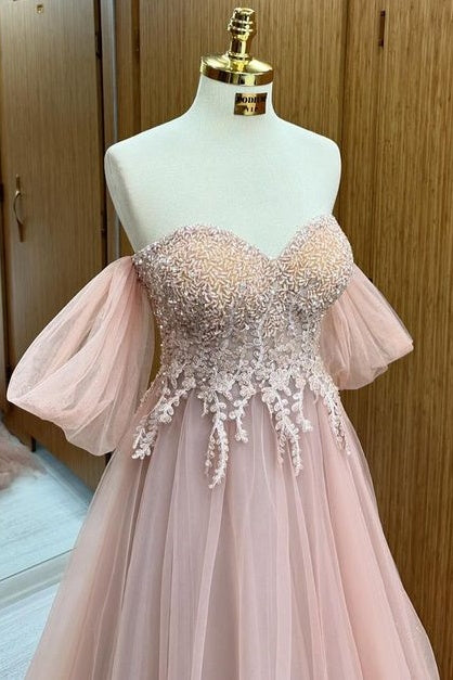 Fashionable Off-The-Shoulder Sweetheart A-Line Tulle Prom Dresses with Appliques