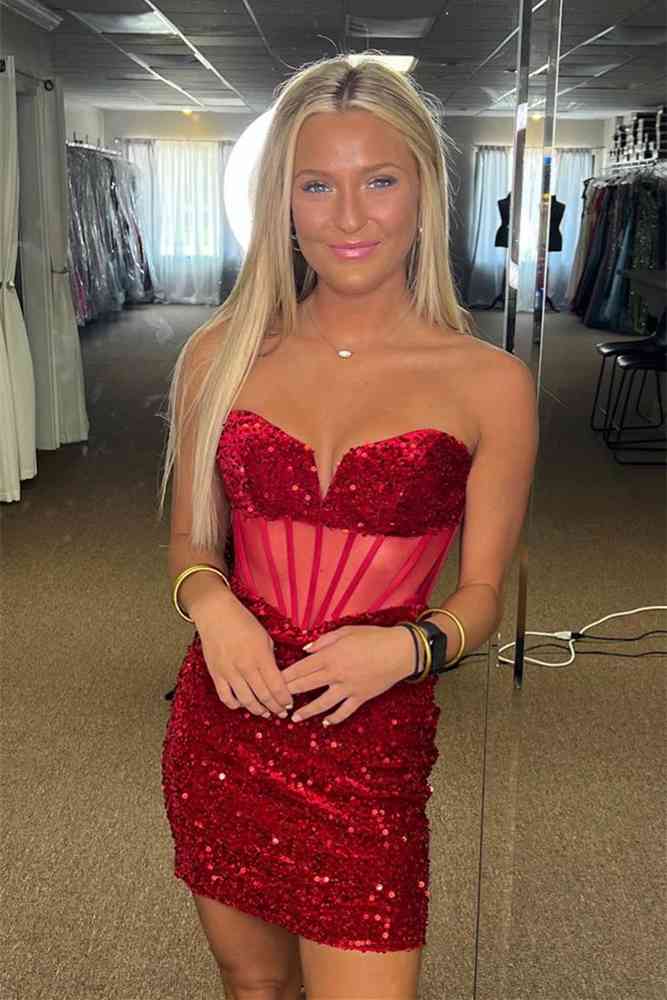 Red Sequined Sweetheart Strapless Tight Short Homecoming Dresses