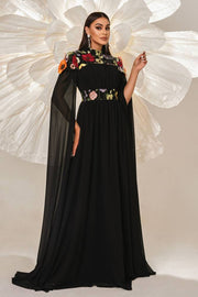 Black High Neck A-Line Chiffon Evening Dresses with Flowers