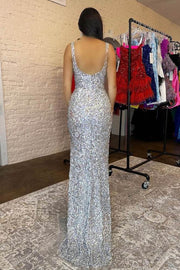 Silver Sequined Square Neck Mermaid Long Prom Dresses with Slit