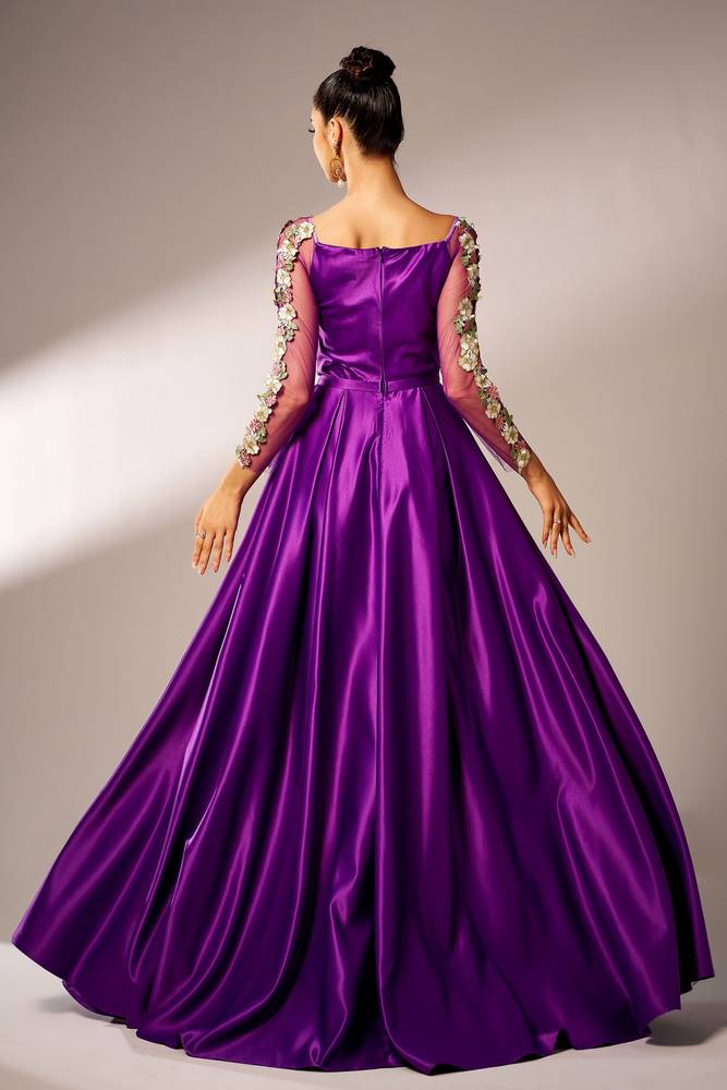 Square Neck Long Sleeves A-Line Satin Prom Dresses with Appliques