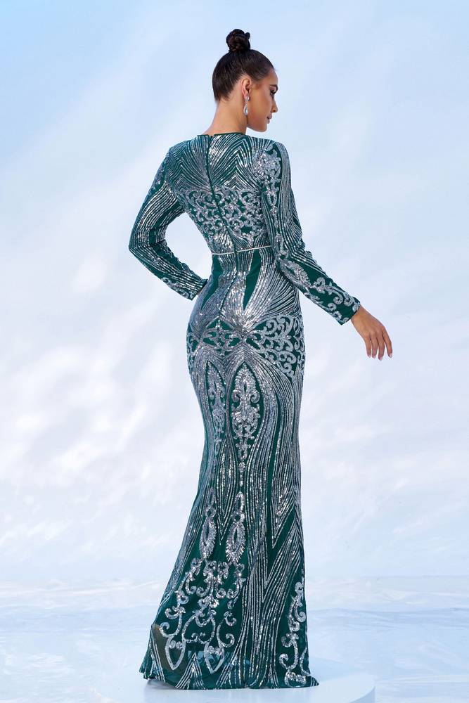 Floor-Length Crew Neck Mermaid Evening Dresses with Long Sleeves