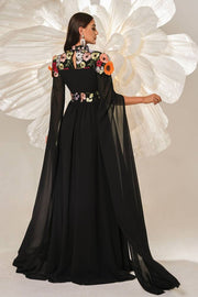 Black High Neck A-Line Chiffon Evening Dresses with Flowers