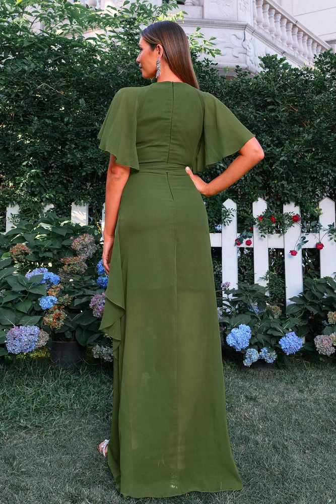 Green V-Neck A-Line Chiffon Evening Dresses with Short Sleeves