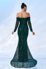 Dark Green Sequined Mermaid Long Sleeves Evening Dresses Off-The-Shoulder