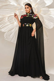 Black High Neck A-Line Chiffon Evening Dresses with Flowers