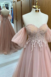 Fashionable Off-The-Shoulder Sweetheart A-Line Tulle Prom Dresses with Appliques