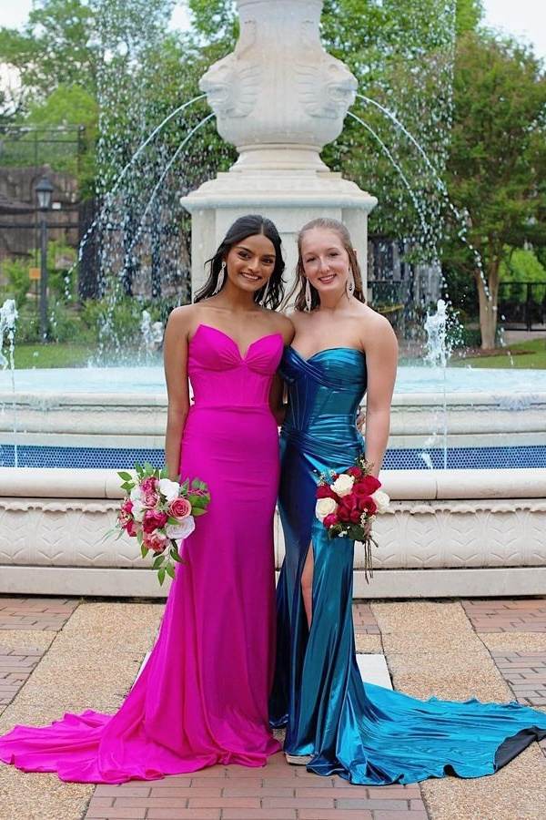 Fuchsia V-Neck Strapless Mermaid Satin Prom Dresses