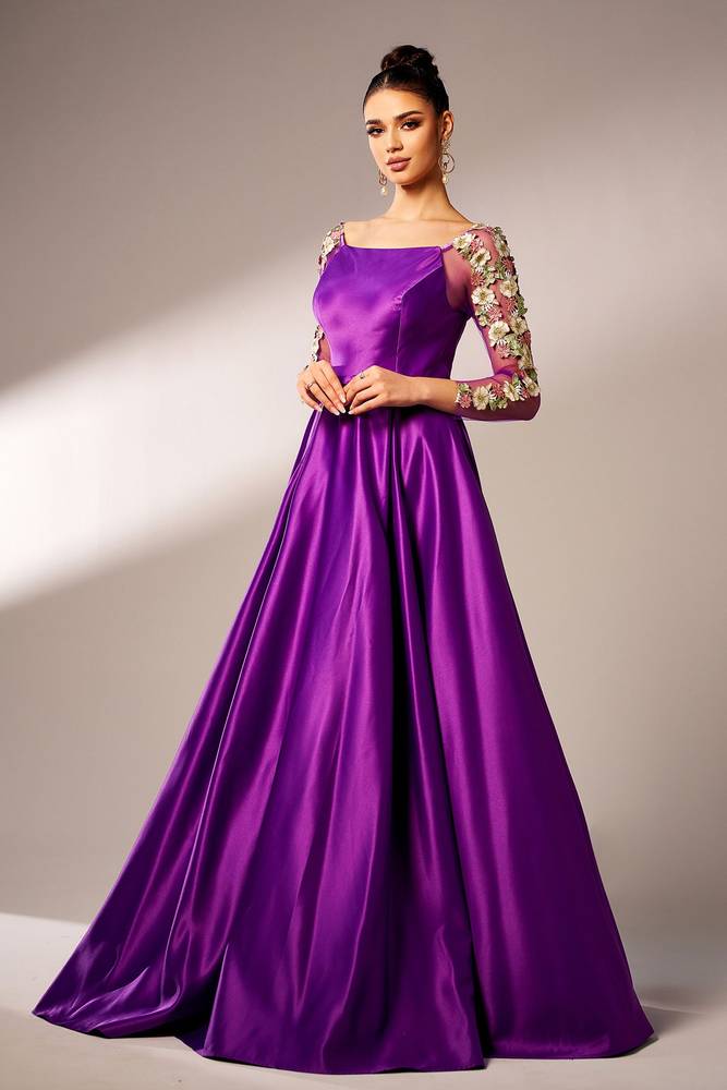 Square Neck Long Sleeves A-Line Satin Prom Dresses with Appliques